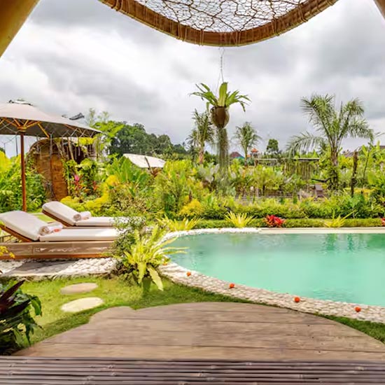 Luxury UAE villa pool deck under intense sunlight